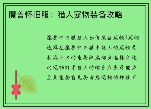 魔兽怀旧服：猎人宠物装备攻略